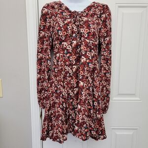 Hollister Long Sleeve Red Floral Print Dress Bow Tie At Neck Lined Boho Small